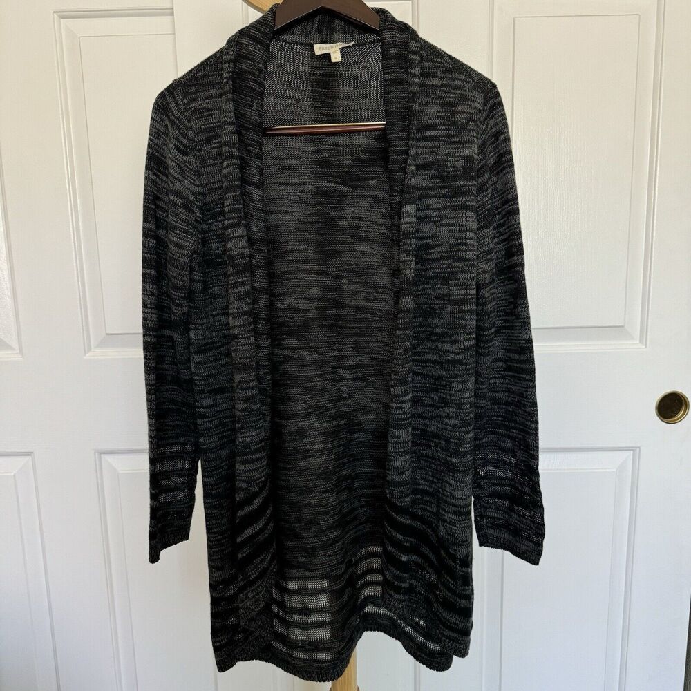Eileen Fisher Shawl Long Cardigan Stripe Hem Organic Cotton Black Women's Size M